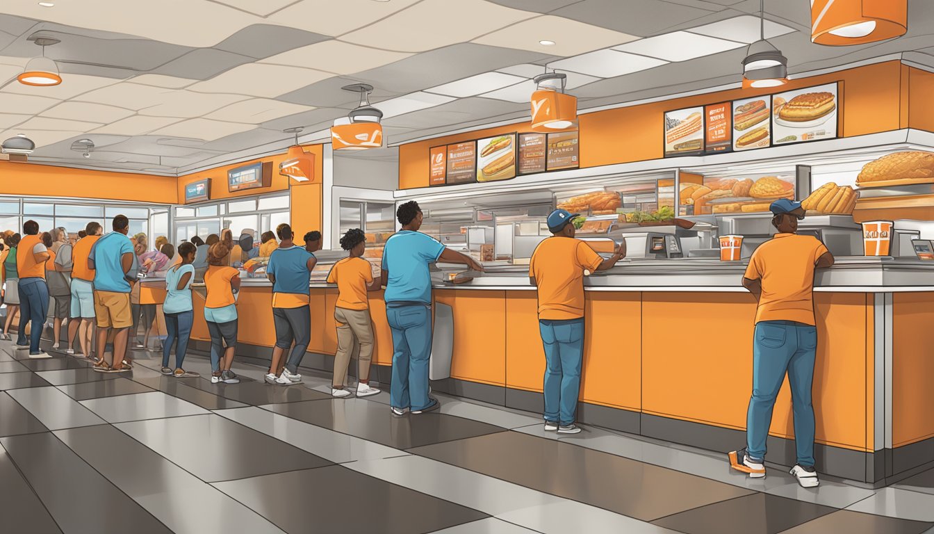 A bustling Whataburger restaurant in Atlanta, with a line of loyal customers receiving rewards at the counter