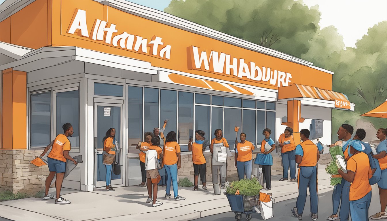 A group of people from the Atlanta community gather outside a Whataburger restaurant, engaging in various activities such as cleaning up the area, handing out flyers, and discussing local news