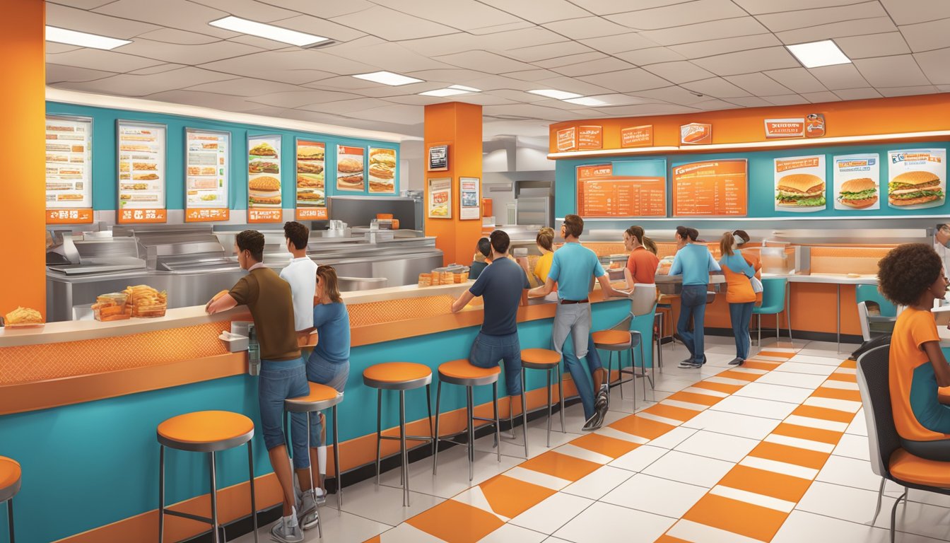 A bustling Whataburger restaurant with a colorful menu board and friendly staff serving customers at tables