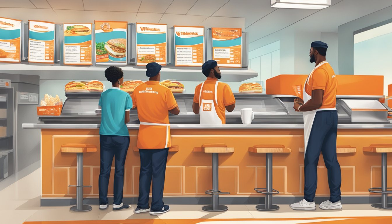 A customer at a Whataburger in Atlanta placing an order at the counter, with the cashier taking the order and the kitchen staff preparing the food