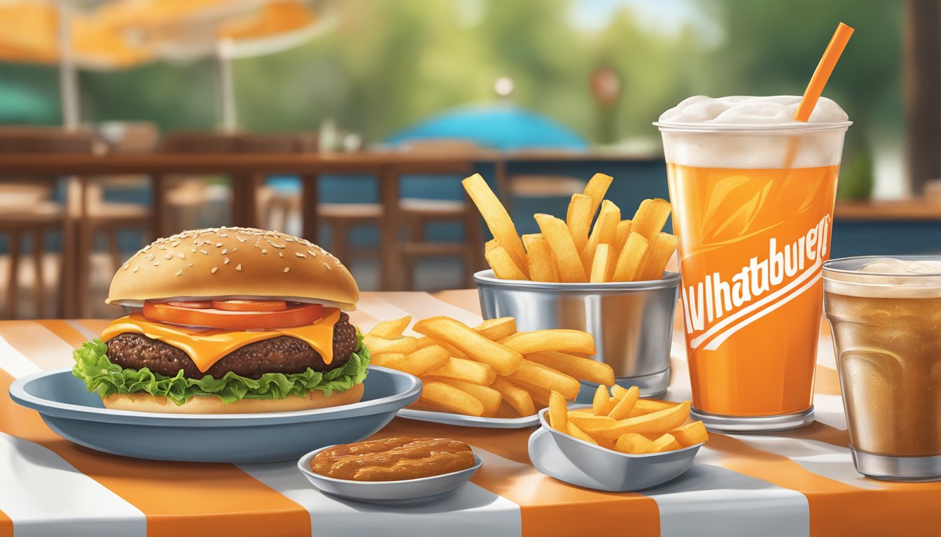 A table set with a Whataburger meal, including a juicy burger, crispy fries, and a refreshing drink, all arranged attractively