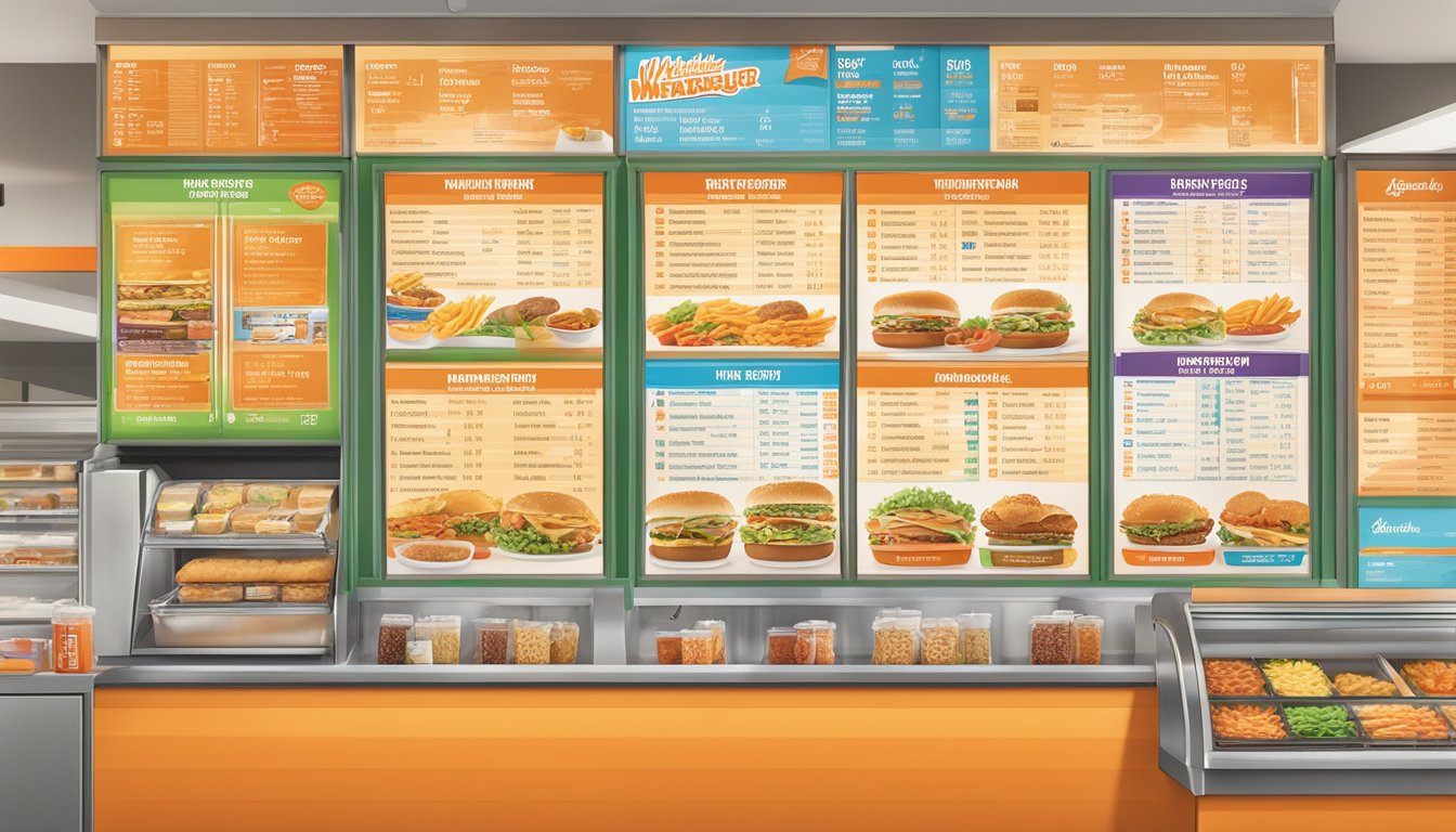 A colorful menu board with various food items and nutritional information displayed at a Whataburger restaurant in Huntsville