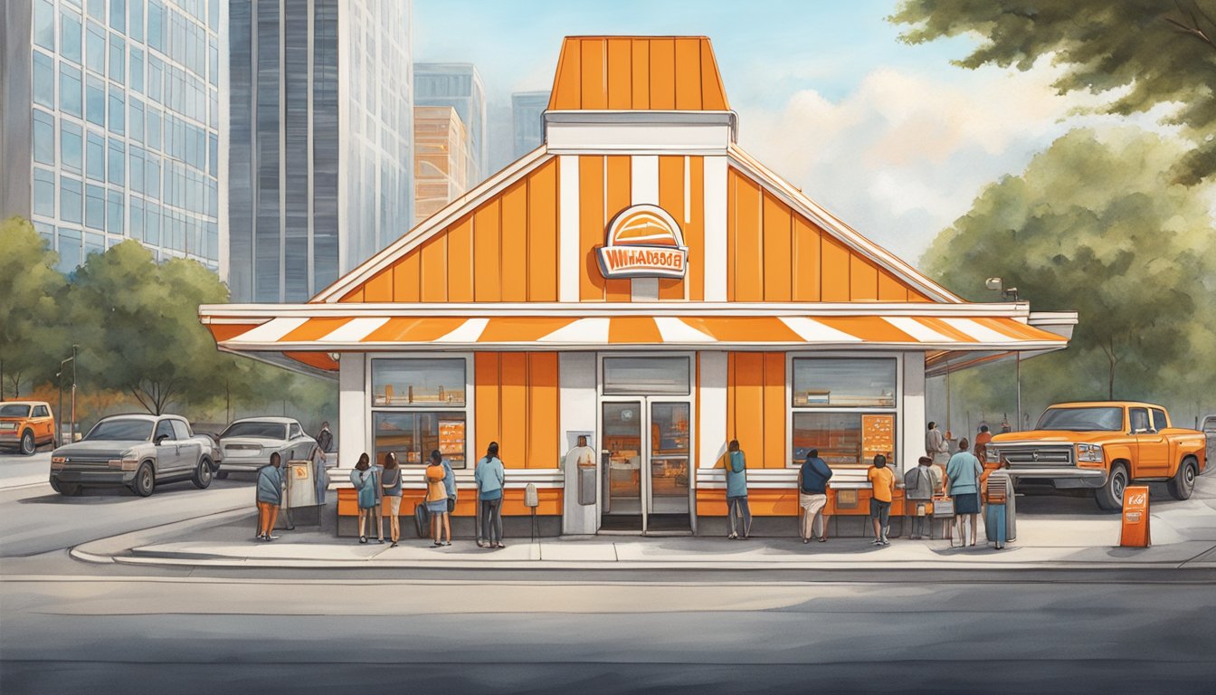 The iconic orange and white striped A-frame building of Whataburger stands out among the bustling streets of Atlanta, with a long line of customers eagerly waiting to order their favorite fast food