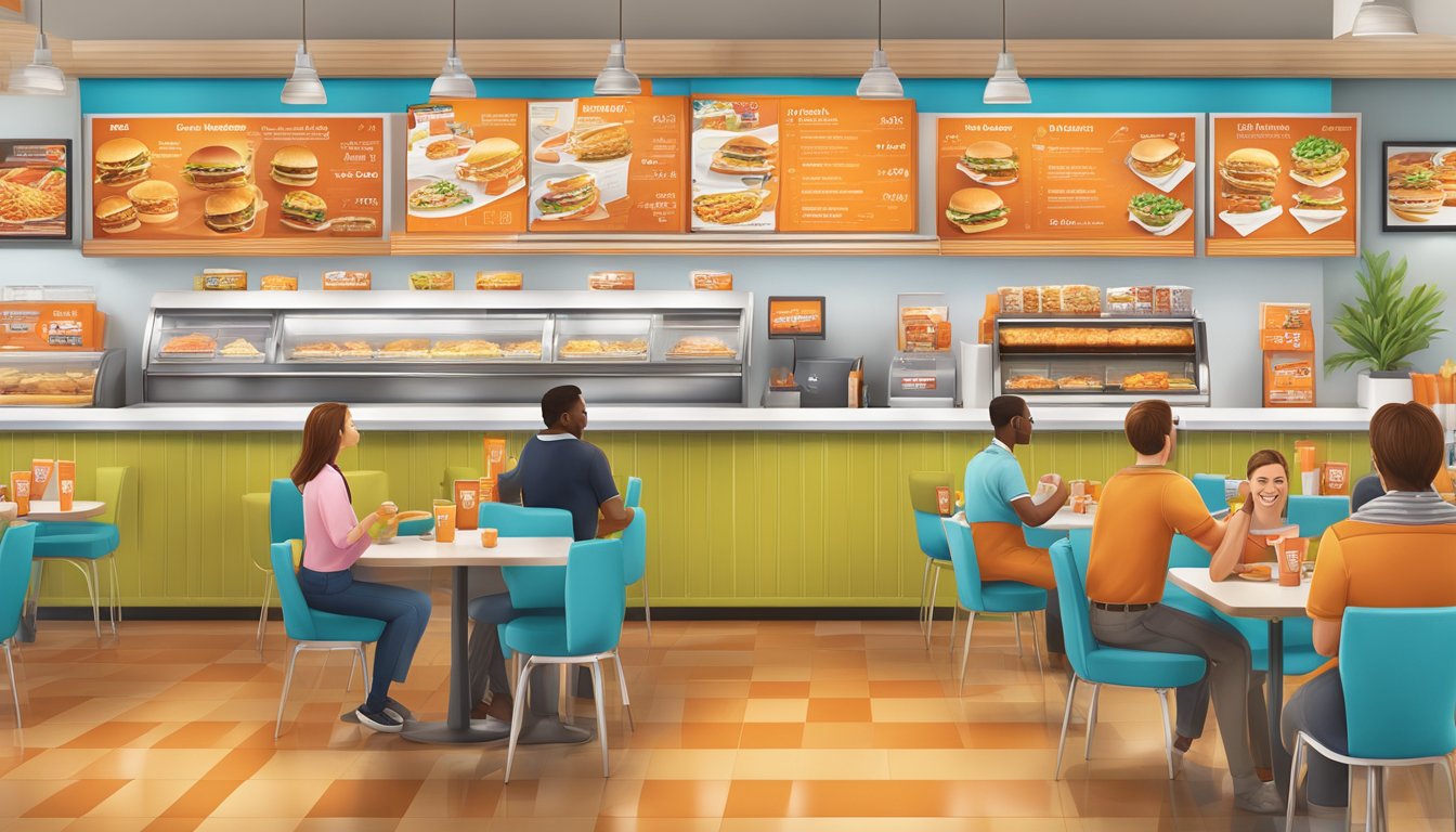 A bustling Whataburger restaurant with a colorful menu board and a prominent display of customer loyalty program information