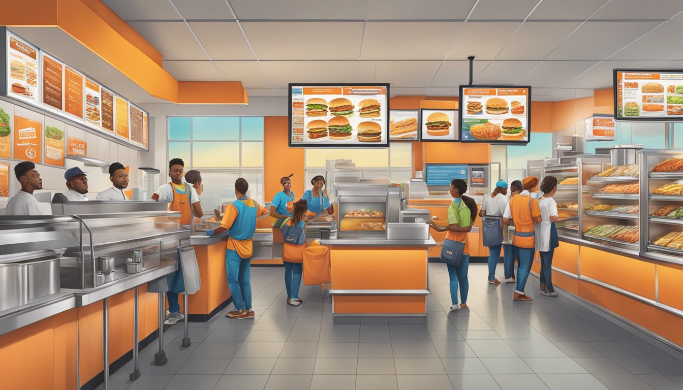 A bustling Whataburger restaurant with a colorful menu board and a busy staff taking orders and preparing food