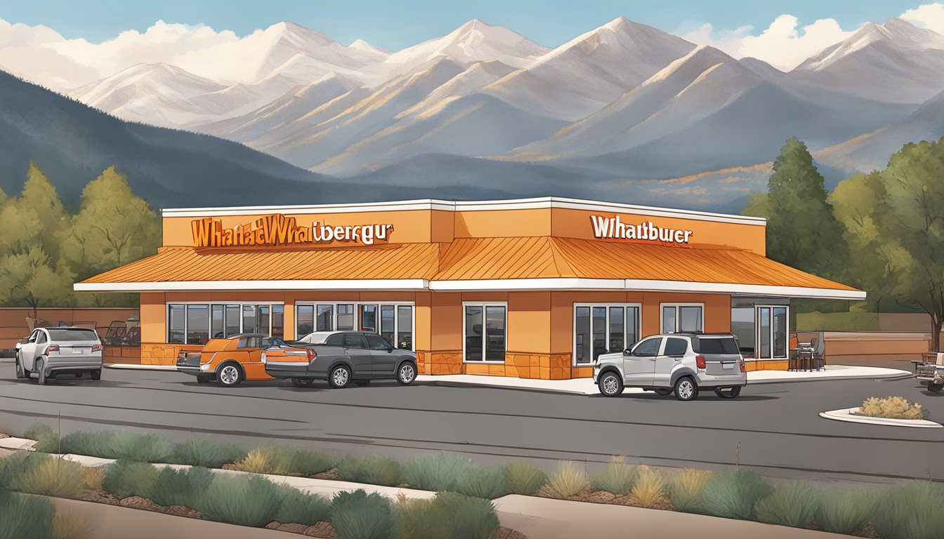 A bustling Whataburger restaurant in Colorado Springs, with a drive-thru line and outdoor seating, surrounded by mountains in the background