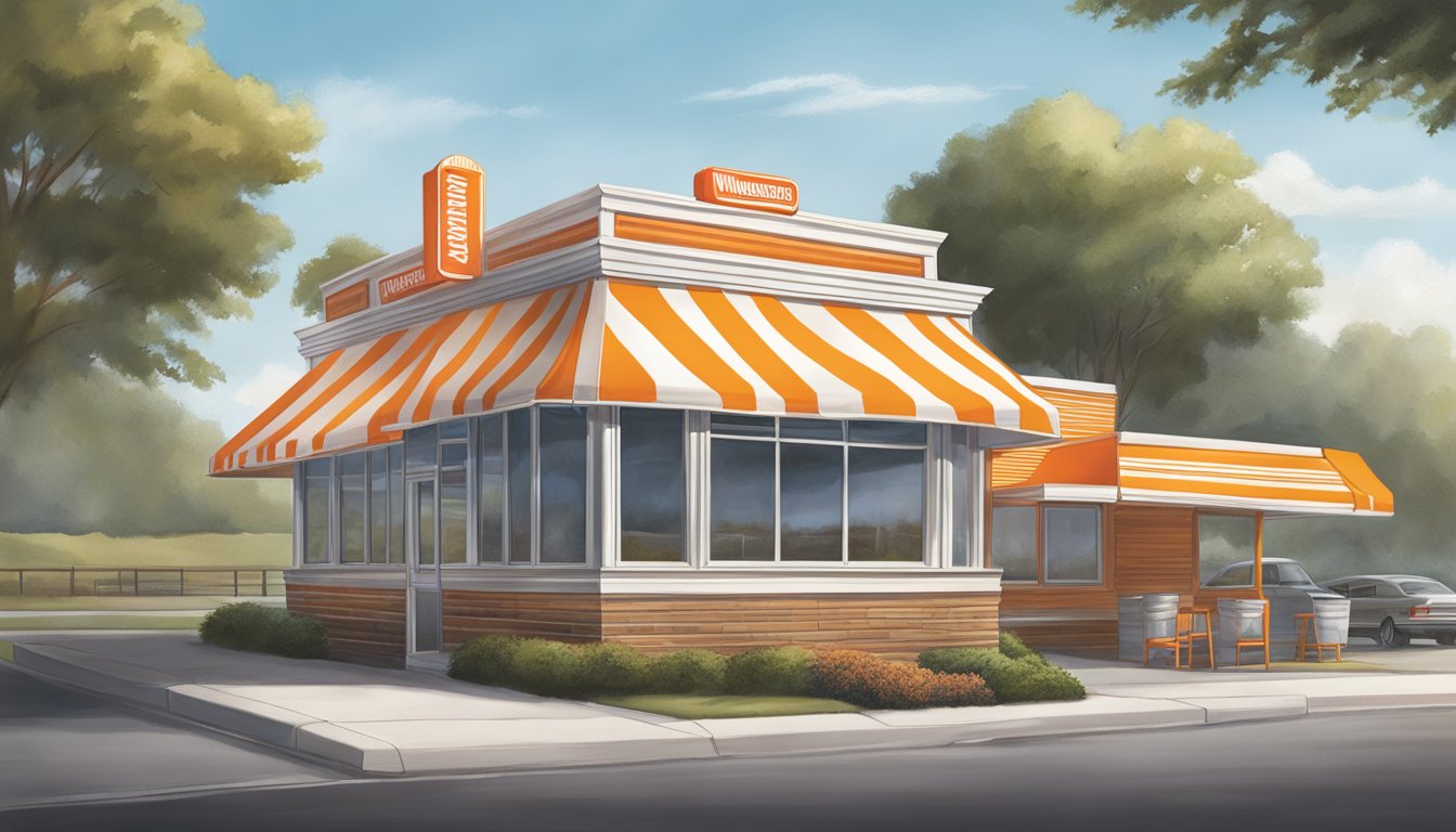 A classic Whataburger restaurant in Greenville, SC, with a vibrant menu board and iconic orange and white striped awning