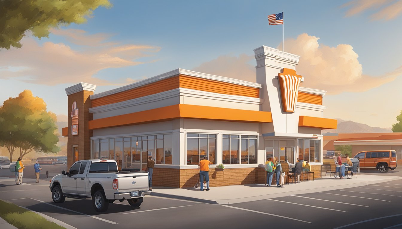 A bustling Whataburger restaurant in Colorado Springs, with customers enjoying their meals and engaging with staff. The iconic orange and white building stands out against the backdrop of the city