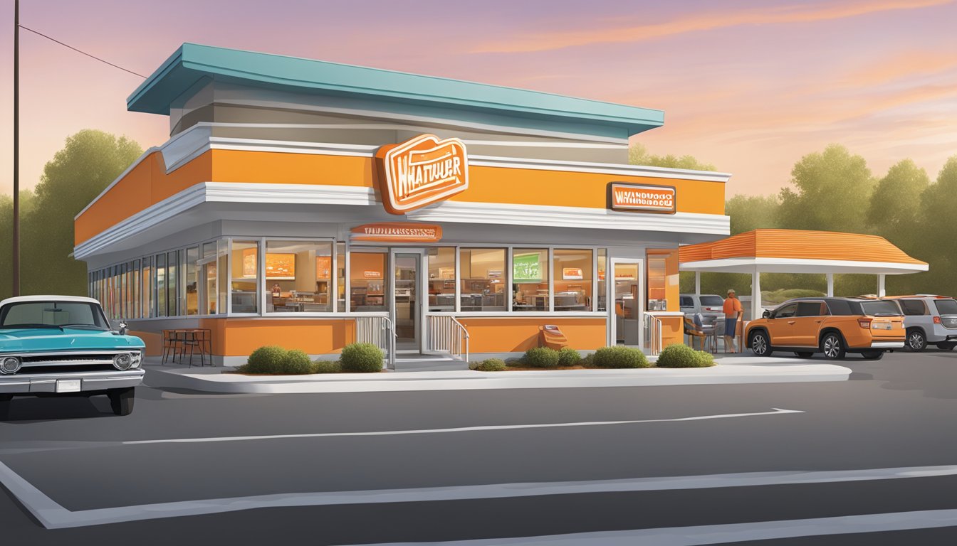 A bustling Whataburger restaurant in Greenville, SC, with a drive-thru, outdoor seating, and a colorful menu board