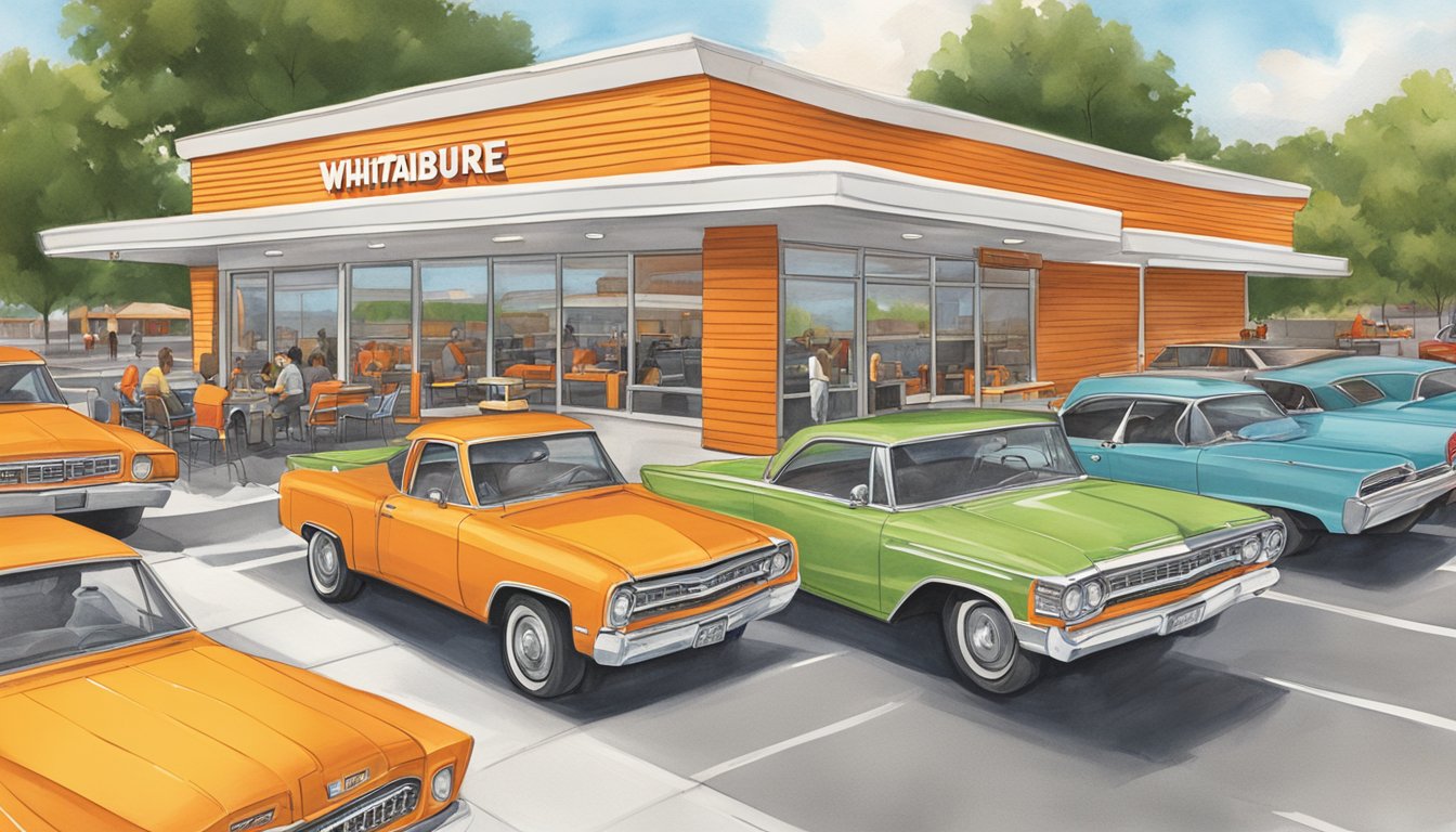 A bustling Whataburger in Greenville, SC, with a drive-thru line of cars and a lively outdoor seating area, surrounded by local businesses and friendly patrons