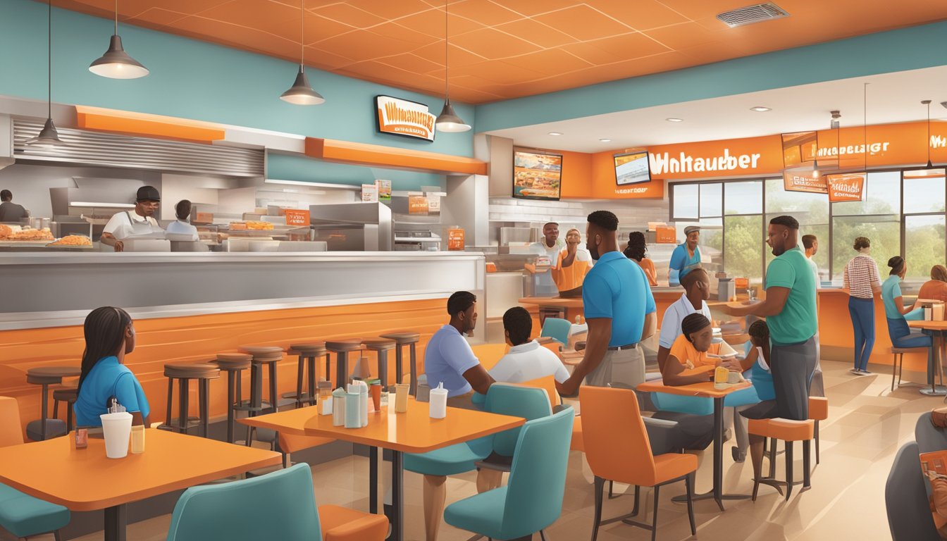 A bustling Whataburger restaurant in Greenville, SC, with customers enjoying their meals and staff members assisting with orders. A prominent sign advertises the customer loyalty and rewards program