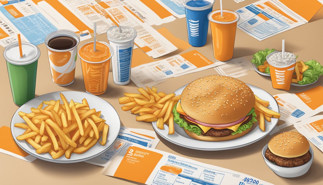 A table with a Whataburger meal, fries, and a drink, surrounded by nutrition labels and cost information