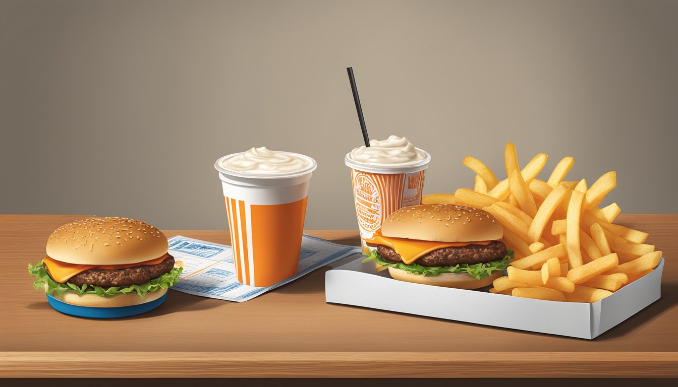 A table with a Whataburger meal, including a burger, fries, and a drink, alongside nutritional information and dietary details