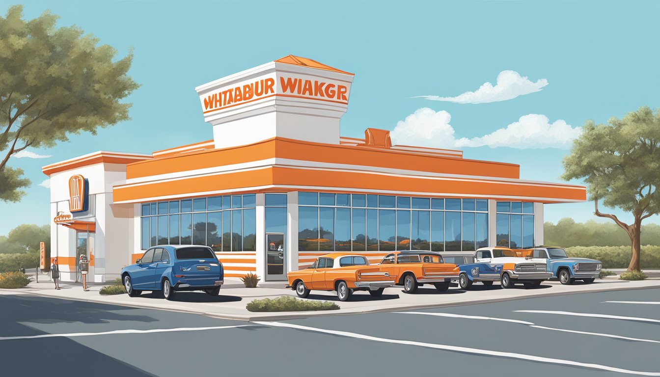 The iconic orange and white Whataburger building stands proudly against a clear blue sky, with cars lined up at the drive-thru and employees bustling inside