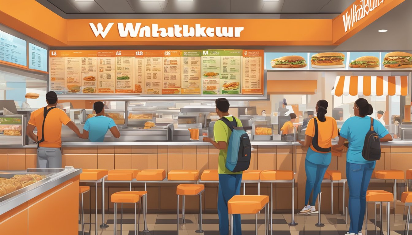 A bustling Whataburger restaurant with a colorful menu board displaying popular items and prices above a counter with customers placing orders