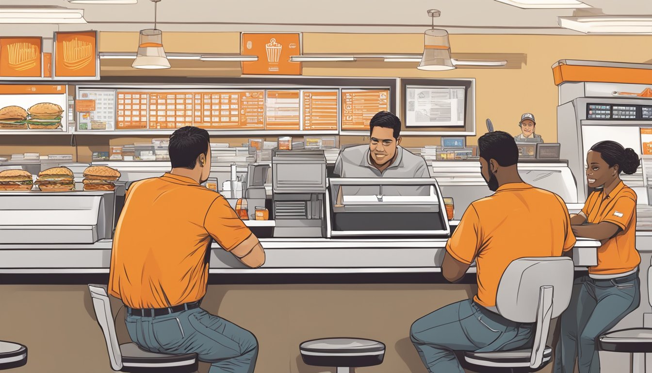 A customer at Whataburger orders and pays for their meal at the counter, while the staff member rings up the cost on the register