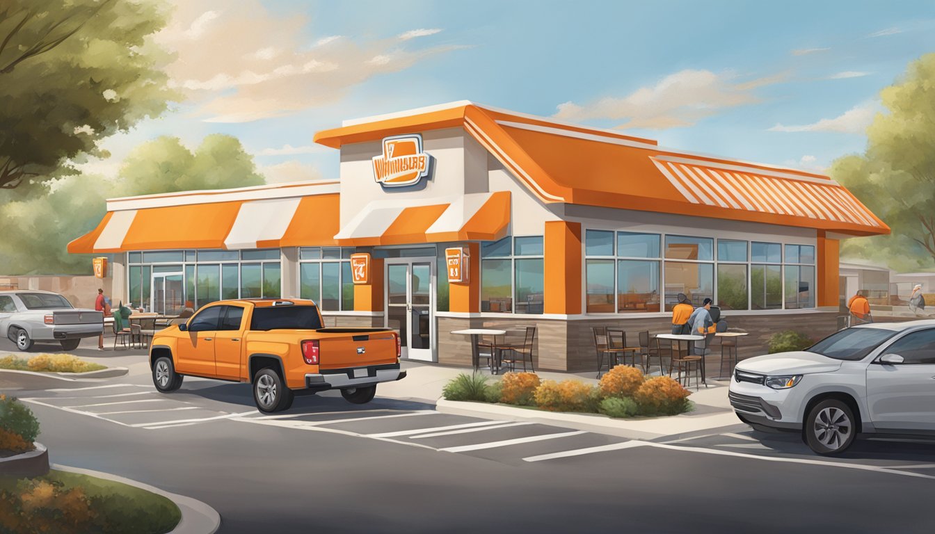 A bustling Whataburger location with a drive-thru and outdoor seating, surrounded by a growing suburban community