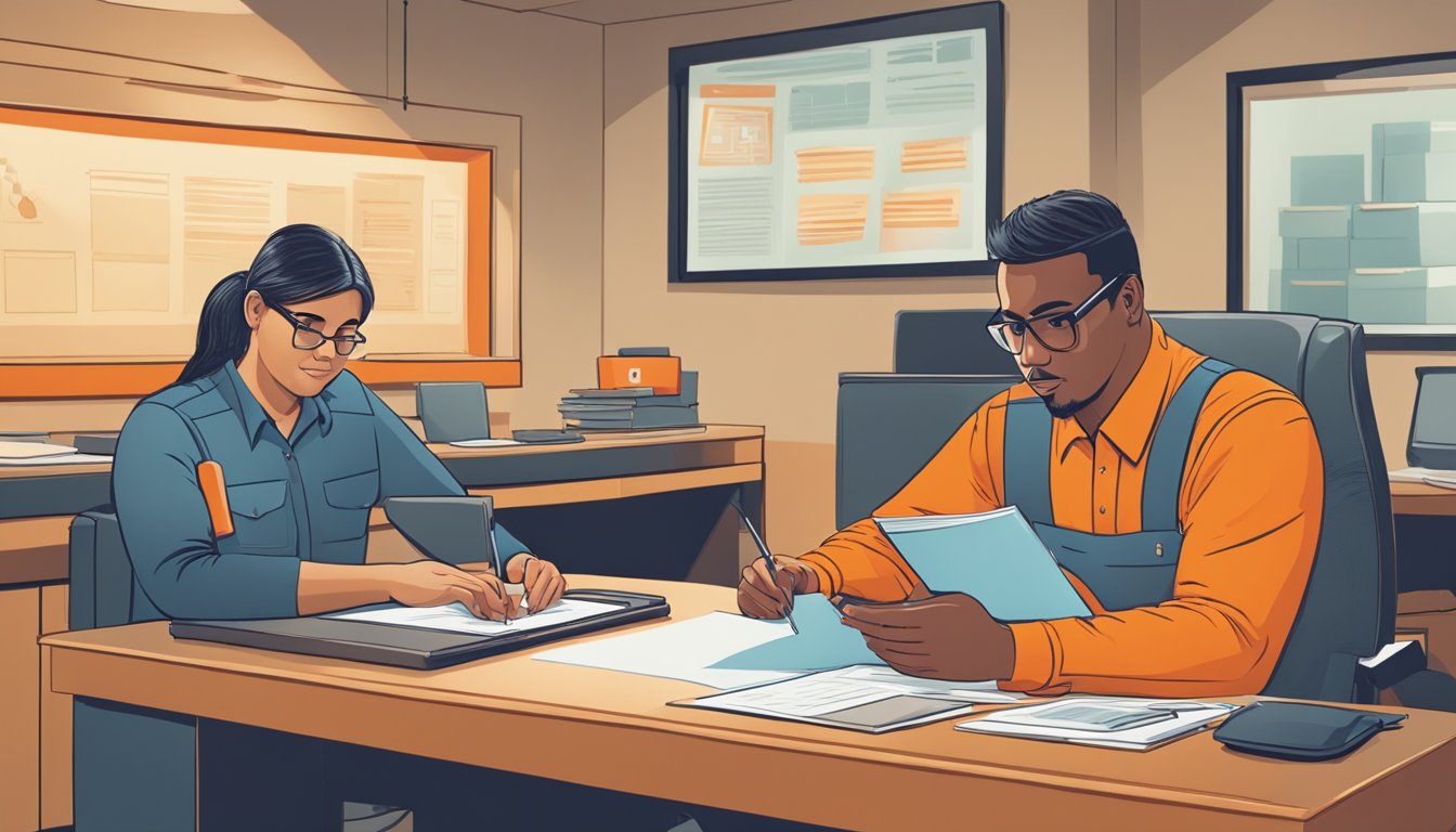 The scene depicts a Whataburger manager reviewing employment policies with a new hire. The manager is seated at a desk with paperwork and a computer, while the new hire listens attentively