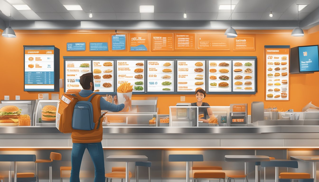 A customer at a Whataburger counter, pointing at a menu board with various ordering options and prices displayed