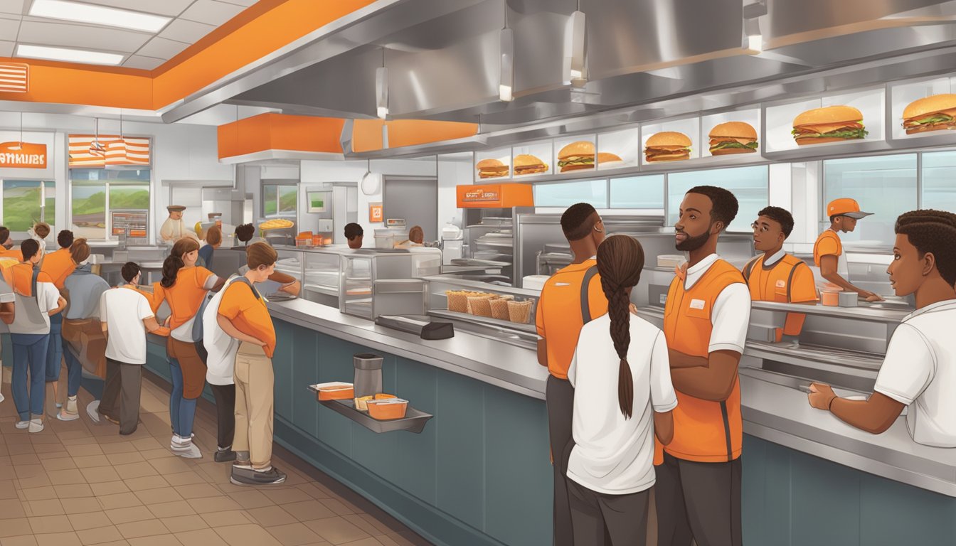 A busy Whataburger restaurant with employees working behind the counter and customers waiting in line. The kitchen is visible in the background