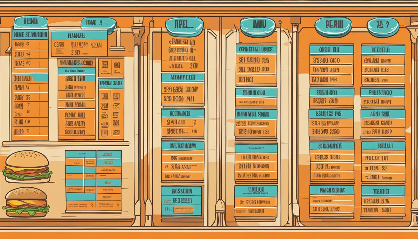 A colorful menu board with symbols for special diets at a Whataburger restaurant, featuring prices for each item