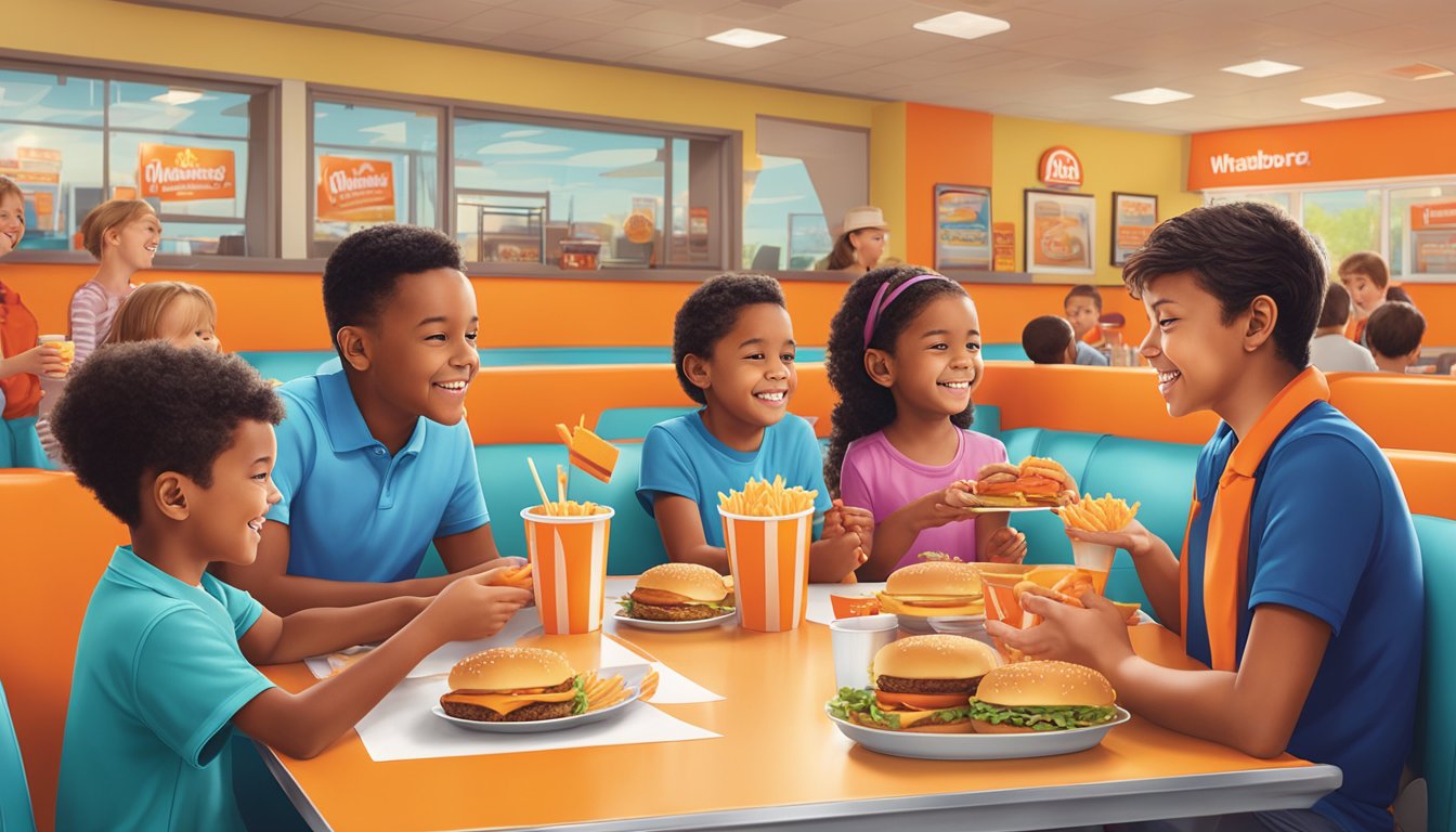 A group of children and their parents enjoying a meal at Whataburger, with colorful trays of burgers, fries, and drinks on a table