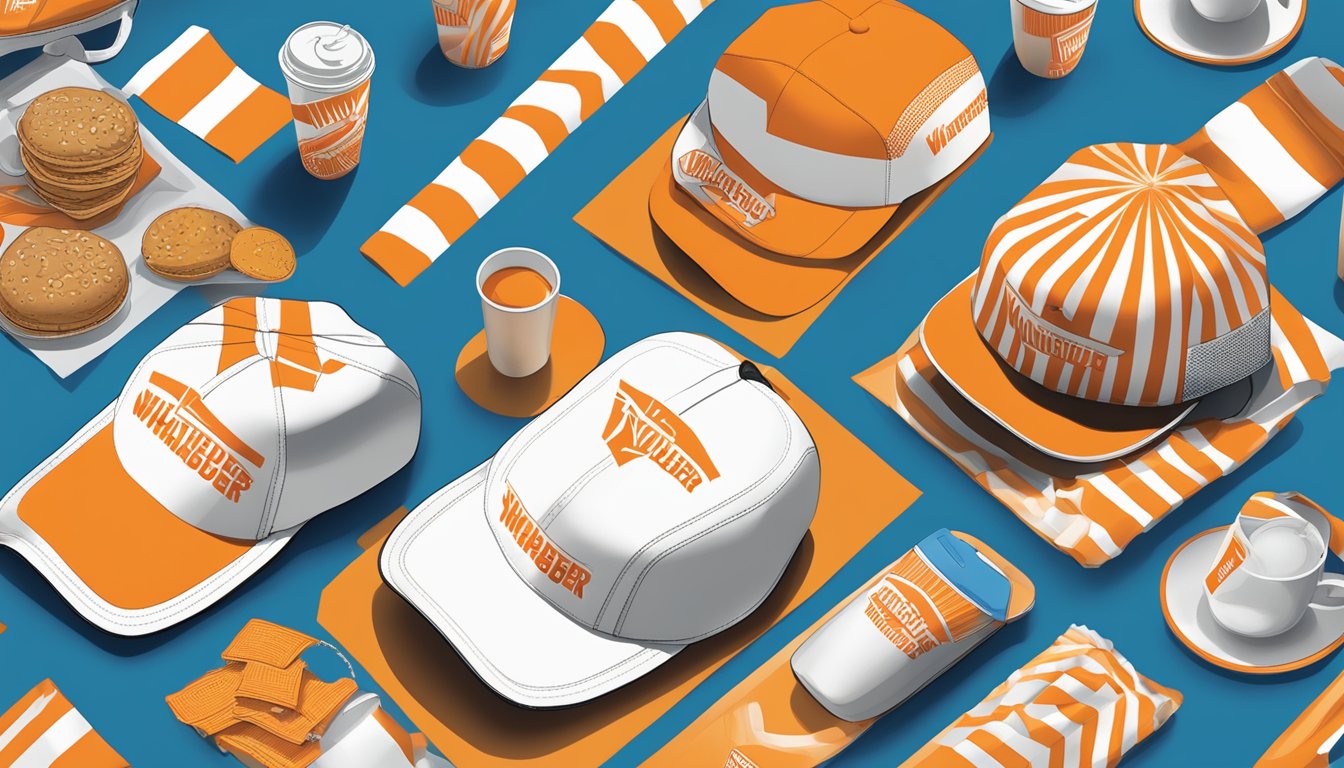 A table filled with branded merchandise and promotional items from Whataburger, including cups, t-shirts, hats, and keychains