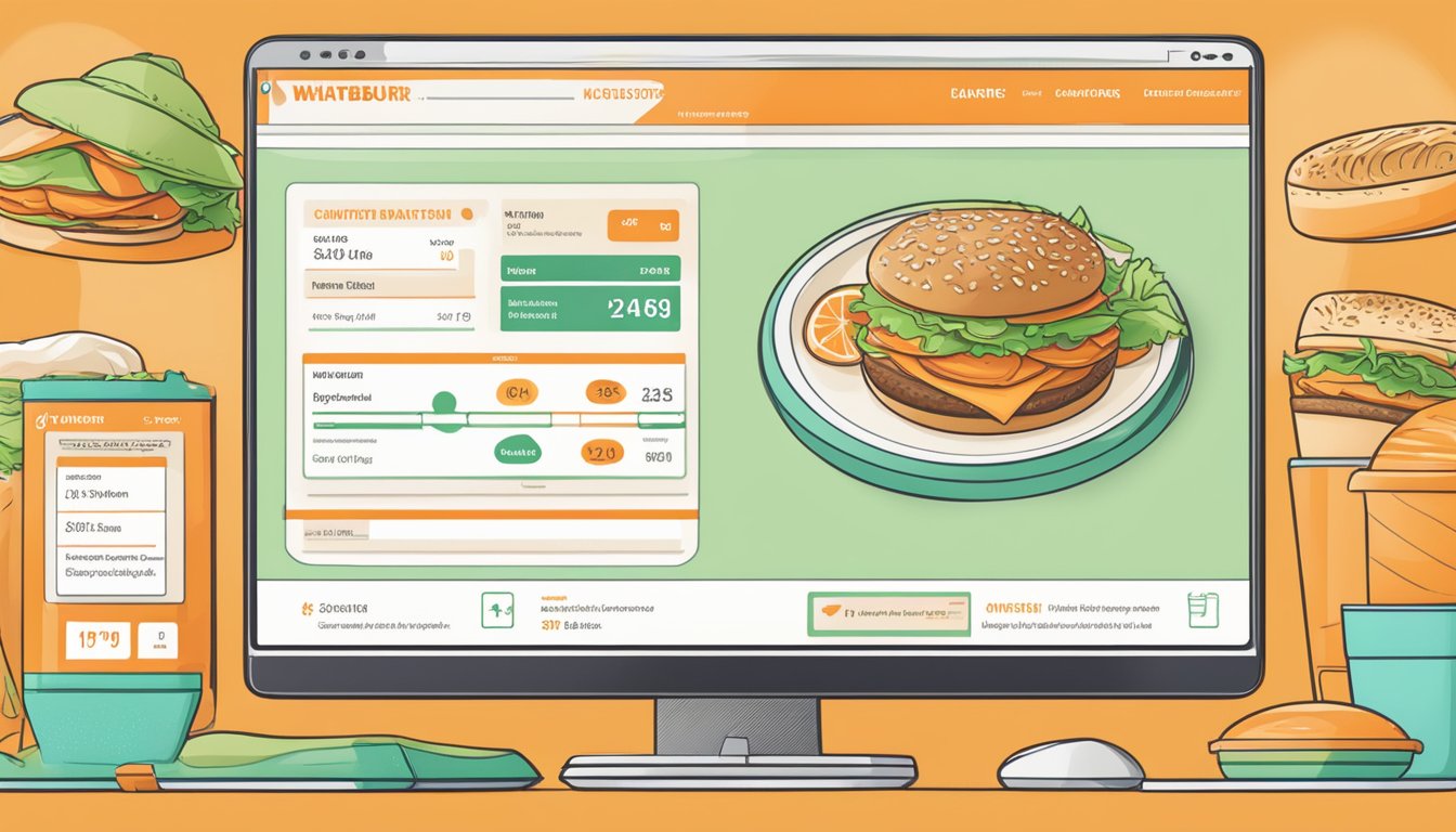 A computer screen displays a website with nutritional information and dietary preferences options for ordering from Whataburger