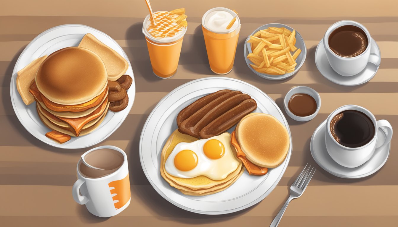 A table set with breakfast items from Whataburger, including pancakes, eggs, sausage, and coffee, with prices displayed