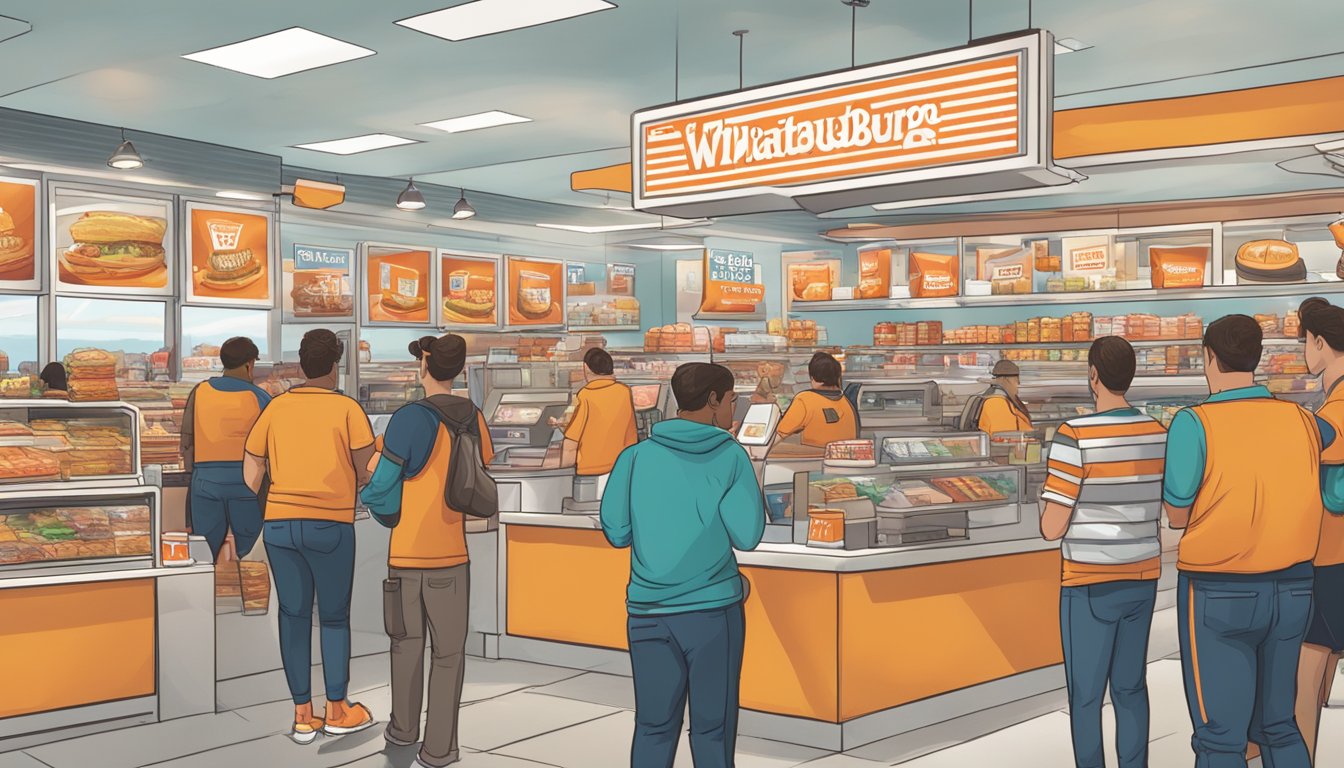 A bustling store with Whataburger merchandise displayed, customers ordering online