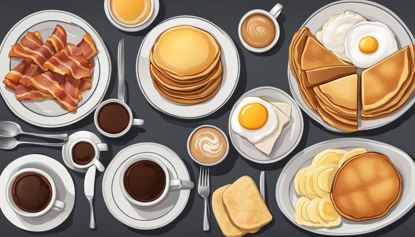 A table set with a variety of breakfast items, including pancakes, eggs, bacon, and coffee, with corresponding prices displayed