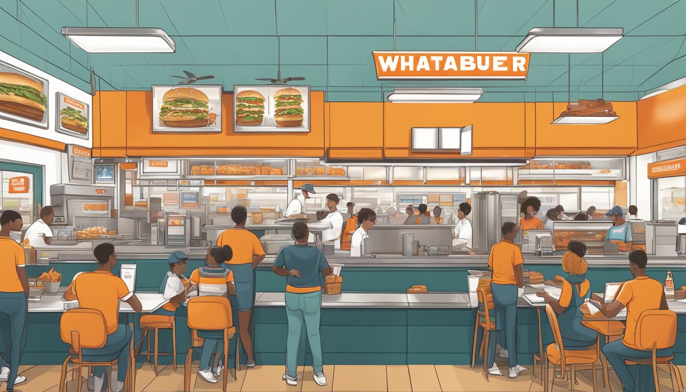 A bustling Whataburger restaurant with customers ordering online and staff preparing orders