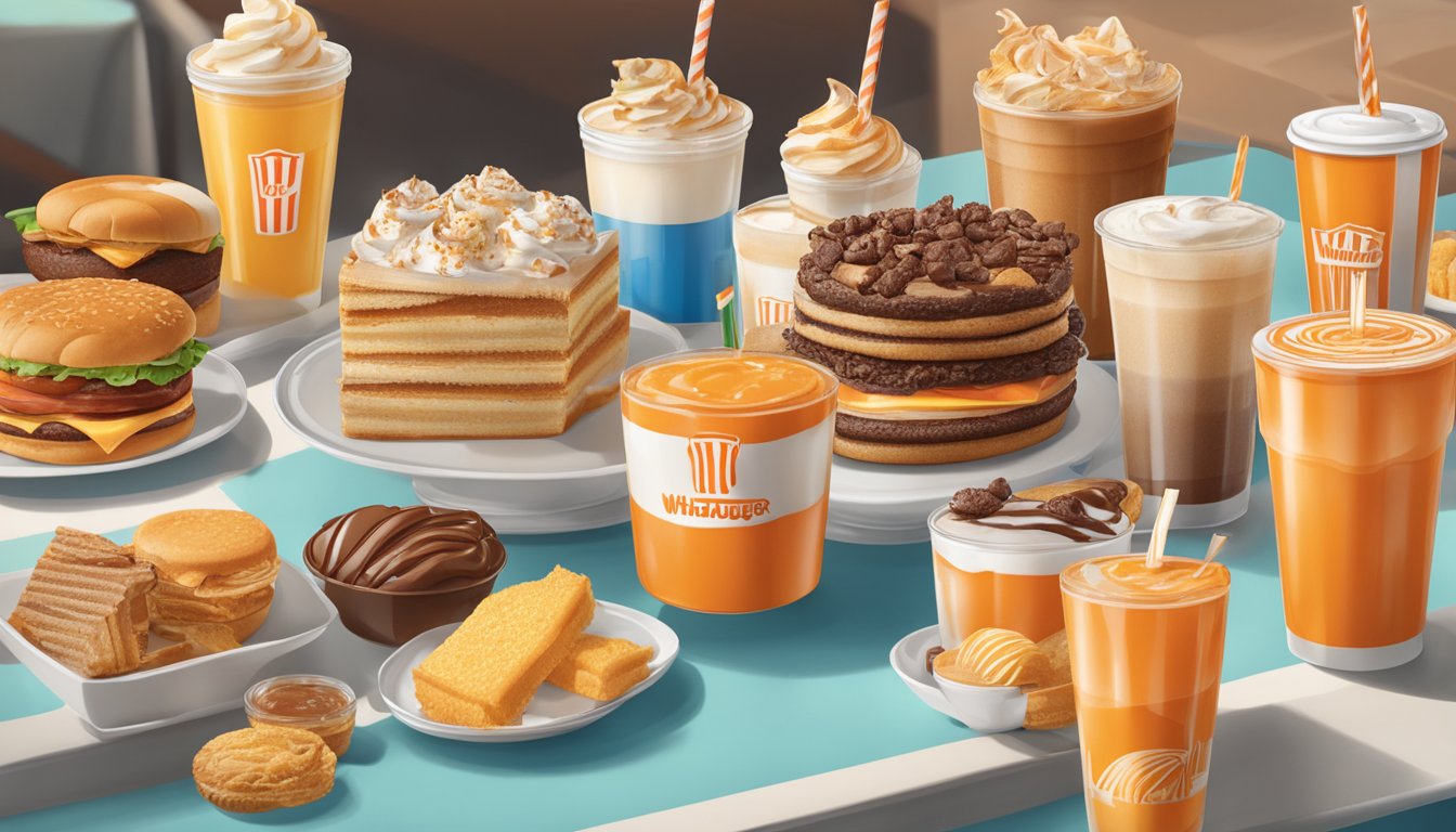 A table with various beverages and desserts from Whataburger displayed with their prices