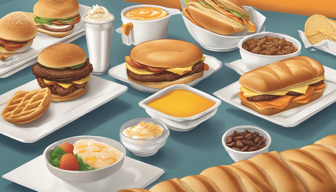 A breakfast menu with various add-ons and customizations displayed on a counter at Whataburger