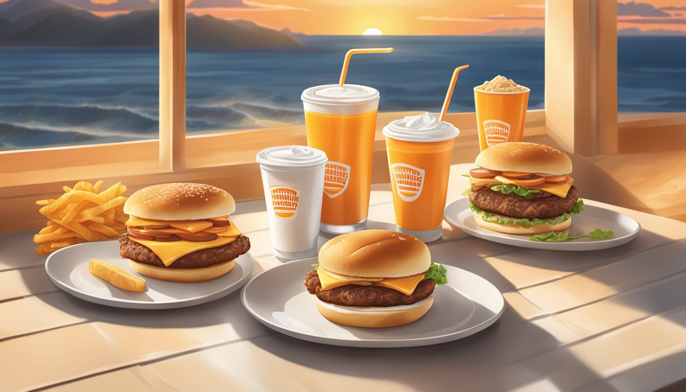 A table set with Whataburger breakfast items, prices displayed. Sunrise shines through the window, highlighting the menu