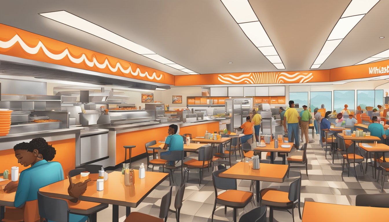 A crowded Whataburger restaurant with a counter, booths, and a kitchen visible in the background. Customers are enjoying their meals while staff members work behind the counter