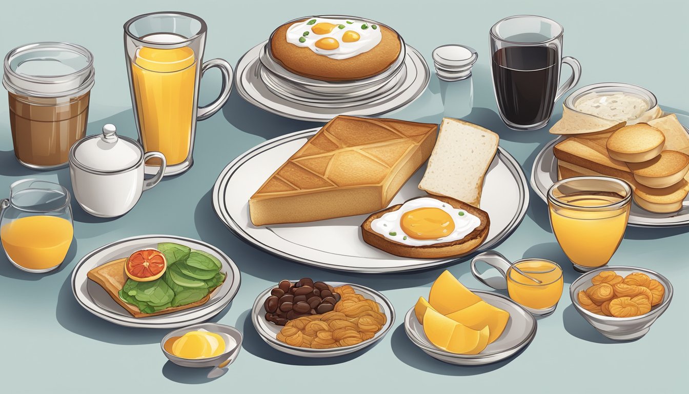 A breakfast menu with various accompaniments and beverages displayed on a table