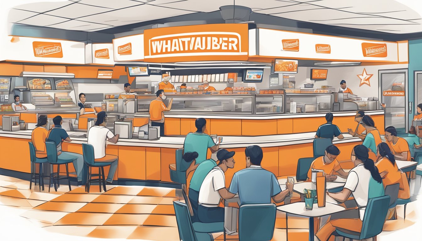 A bustling Whataburger restaurant with customers ordering online and engaging with each other