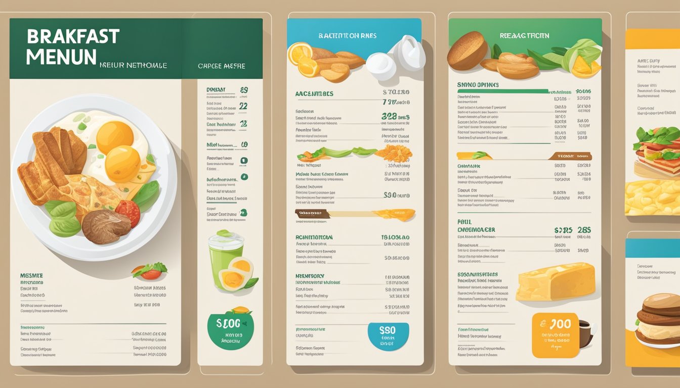 A breakfast menu with prices and nutritional information displayed alongside dietary preference icons