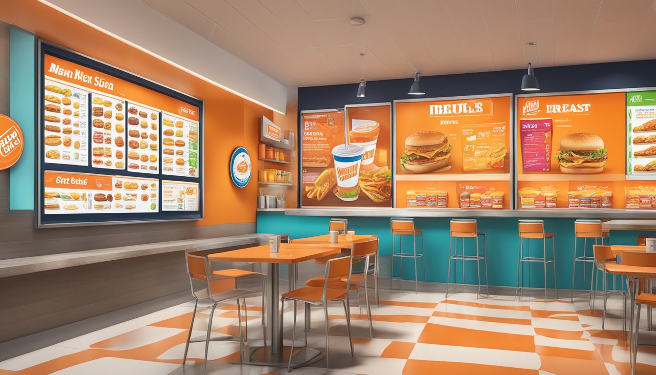 A colorful menu board displays breakfast prices and loyalty rewards at Whataburger, with enticing special deals highlighted