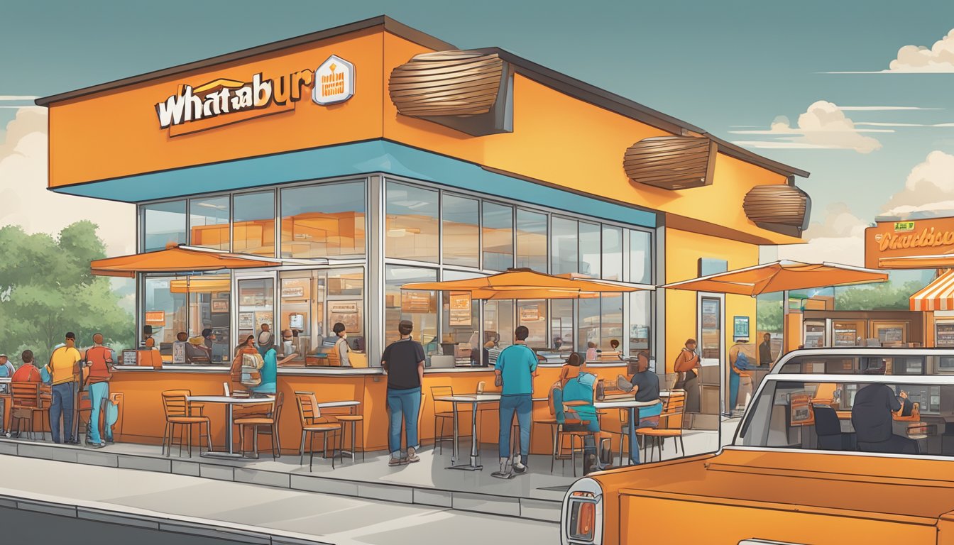 A bustling Whataburger restaurant with a colorful menu board displaying breakfast prices, while customers enjoy the brand's iconic culture