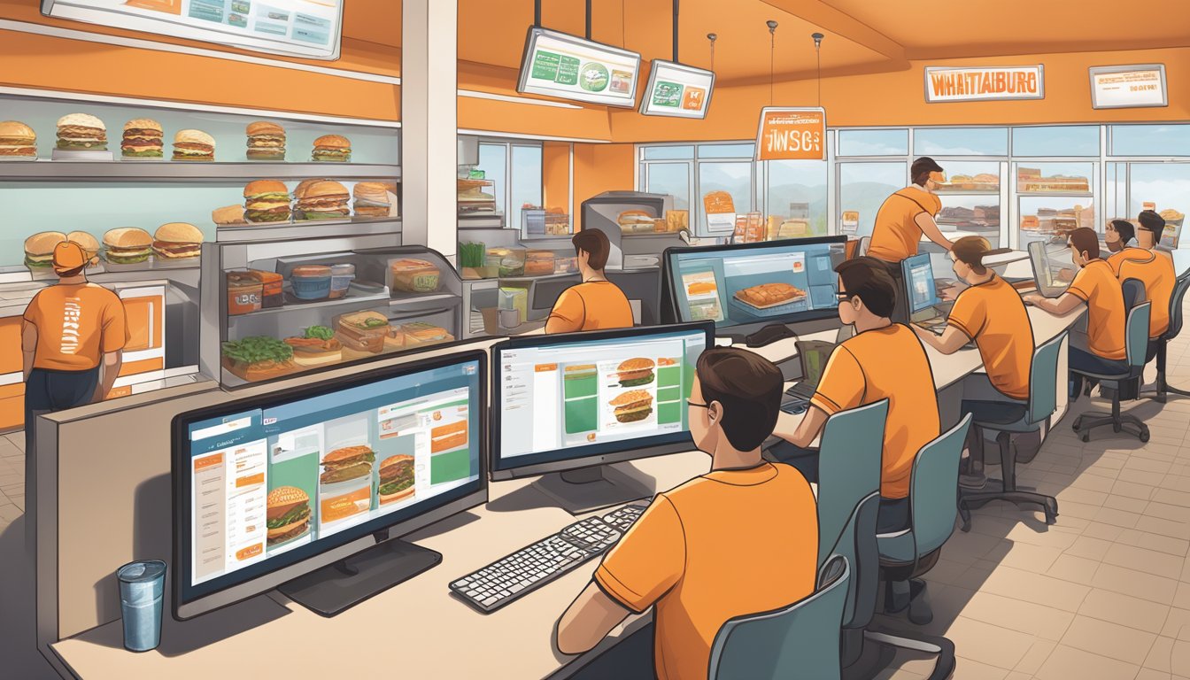 A group of people placing Whataburger orders online, with a variety of menu items displayed on a computer screen