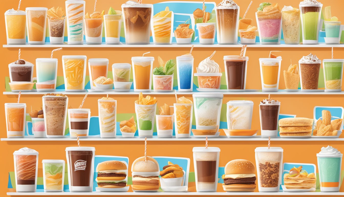 A colorful menu board displays a variety of drinks and desserts at Whataburger, with enticing images and prices