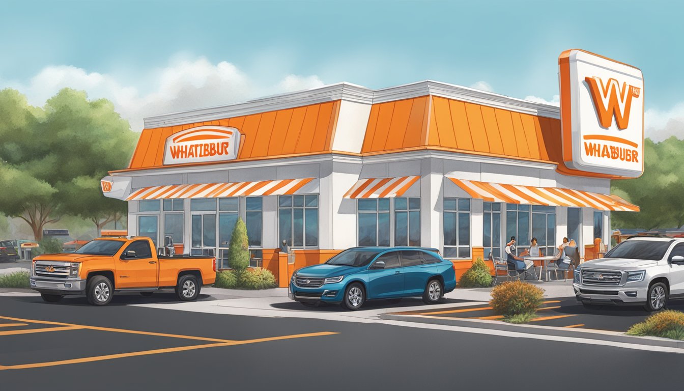 A bustling Whataburger restaurant with a drive-thru, outdoor seating, and a vibrant community gathering to order food online