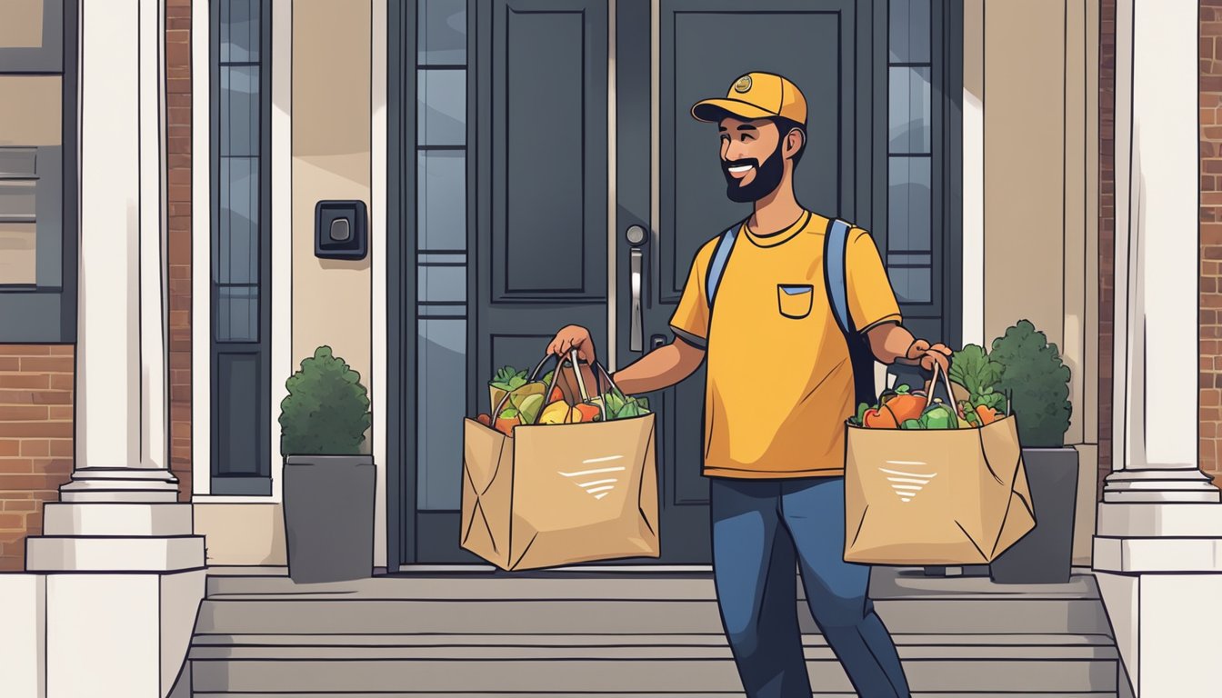 A delivery driver handing a bag of food to a customer at their front door