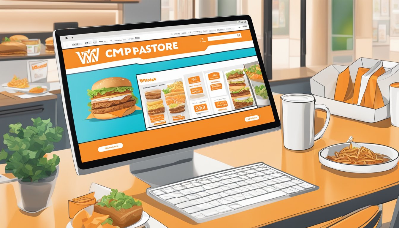 A computer screen displaying the Whatastore website with a Whataburger meal and the online ordering process