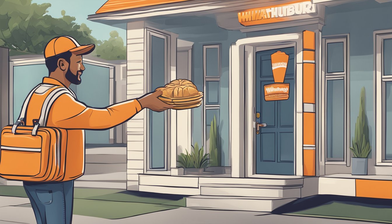 A delivery driver handing a bag of Whataburger food to a customer at their front door