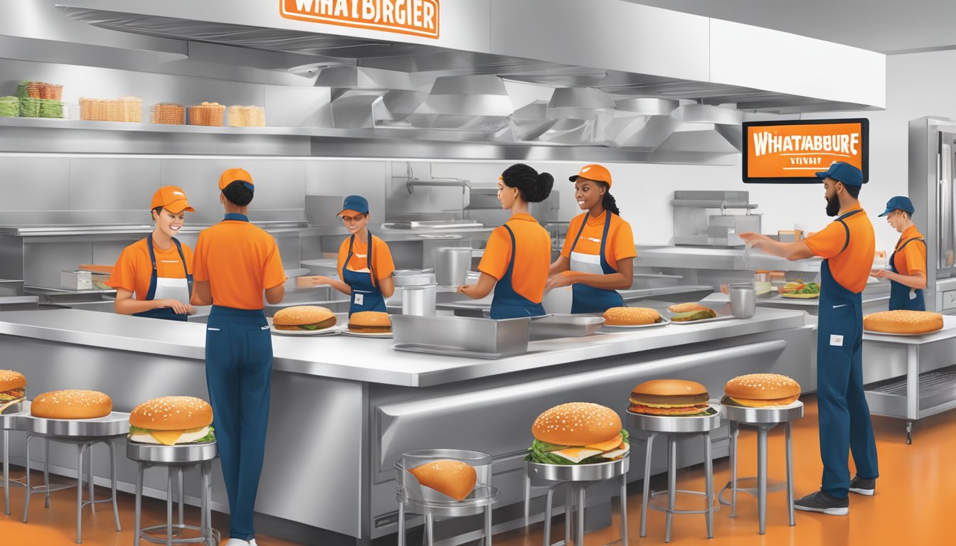 A bustling Whataburger kitchen with staff assembling orders and a digital device displaying the online ordering platform