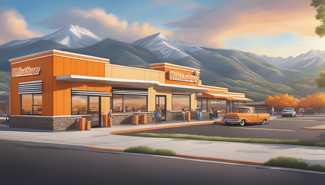 A bustling Whataburger restaurant in Colorado Springs, with the iconic orange and white striped building standing out against the backdrop of the Rocky Mountains