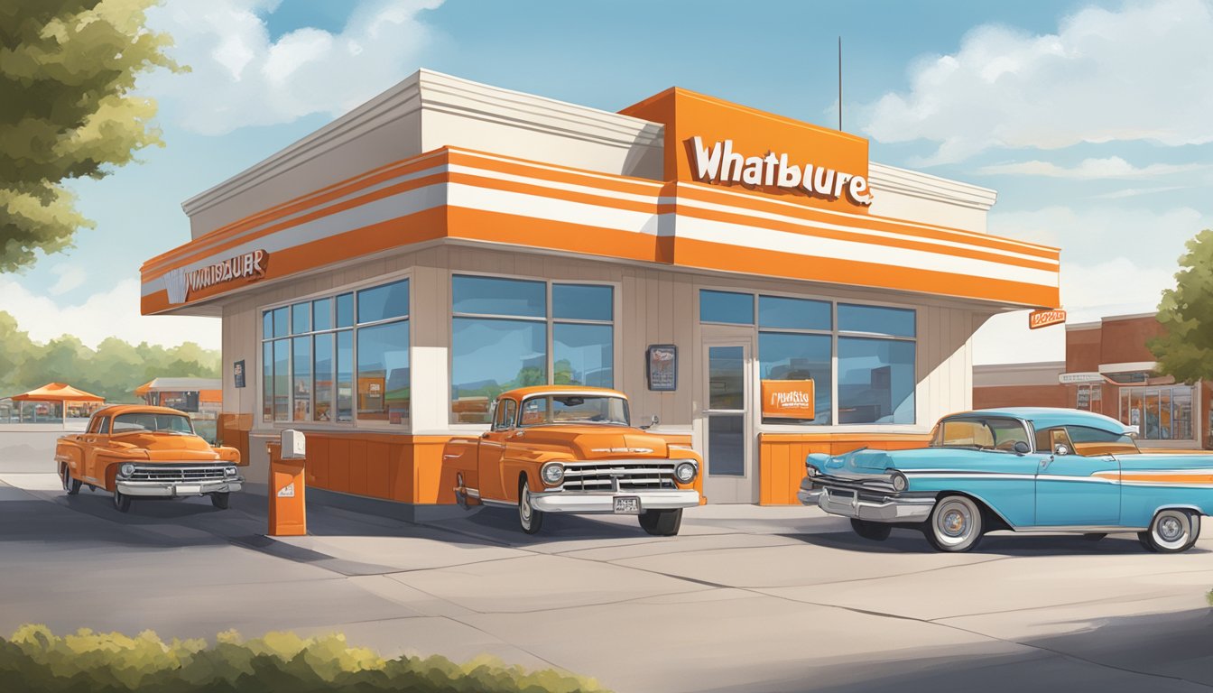 A bustling Whataburger restaurant in Kansas City, Missouri, with a drive-thru, outdoor seating, and the iconic orange and white striped building